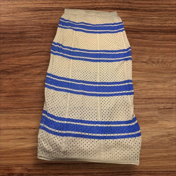 Womens Promesa Knit Skirt Blue Striped Lined Beige Open Knit Casual - Picture 1 of 6